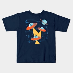 Atomic Space Cadets Cats in Retro Flying Saucer UFOs Kids T-Shirt